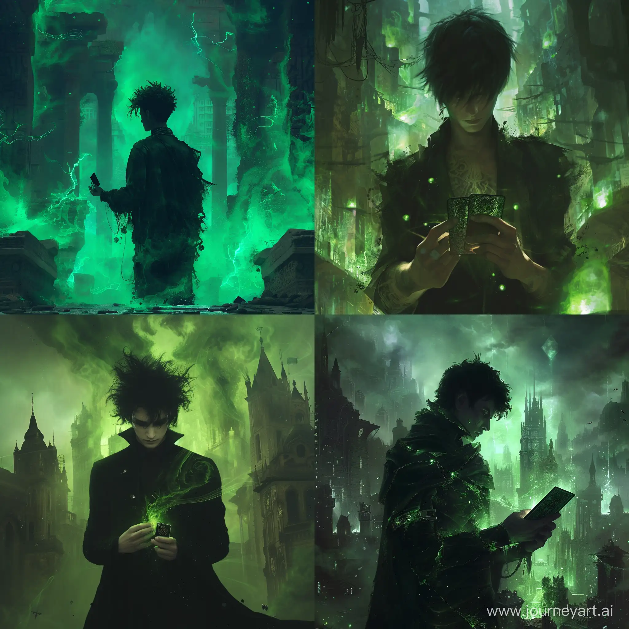 Mystical-Young-Man-in-Ancient-City-Embraced-by-Enigmatic-Green-Magic