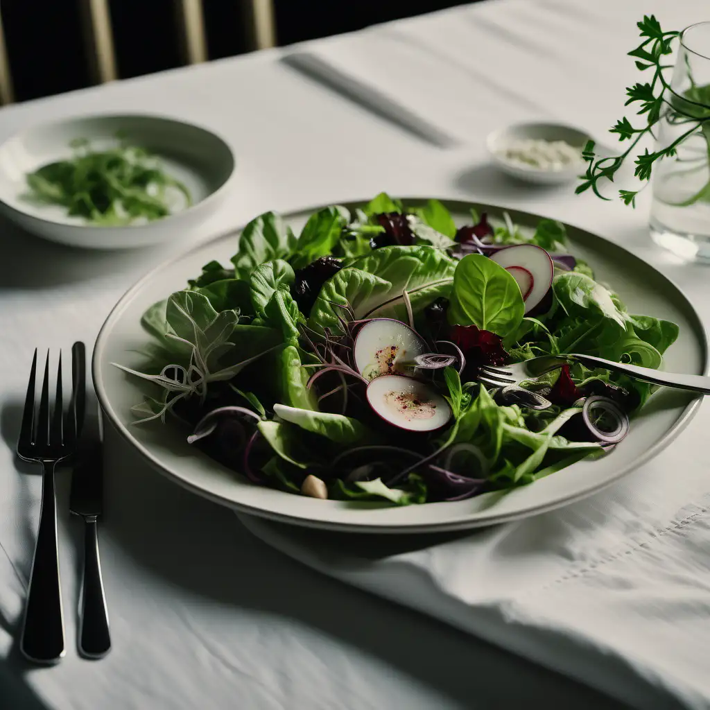 a minimal close-up shot of a bright green salad, with fresh and organic ingredients, dim but ambient lighting, a table with white linen and luxury silverware