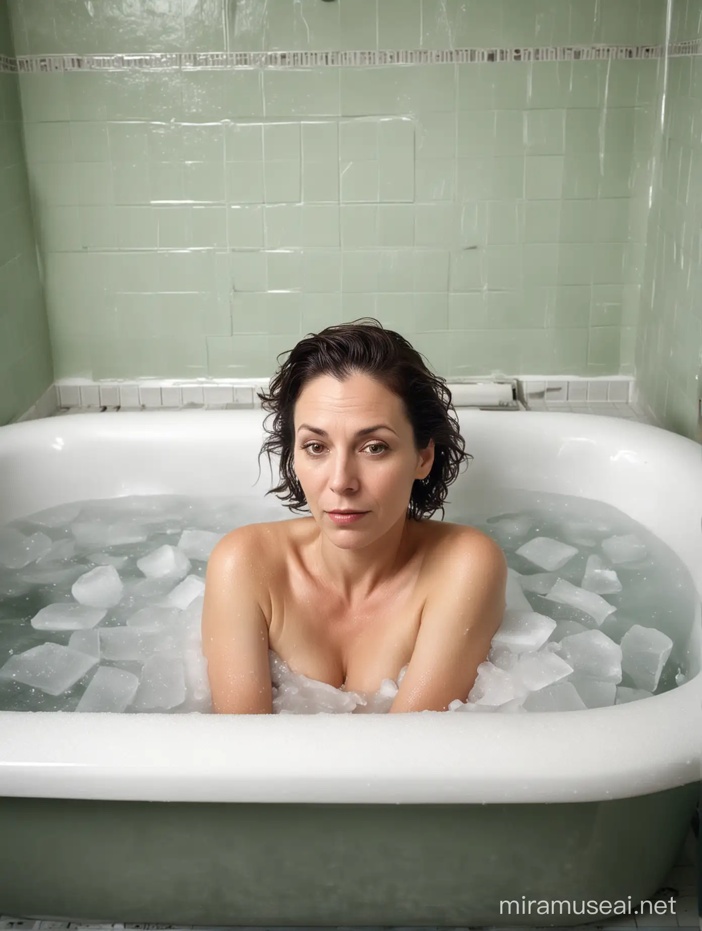 Mulher de 44 anos deitada numa banheira cheia de gelo numa casa de banho dos anos 30. Ambiência surrealista.