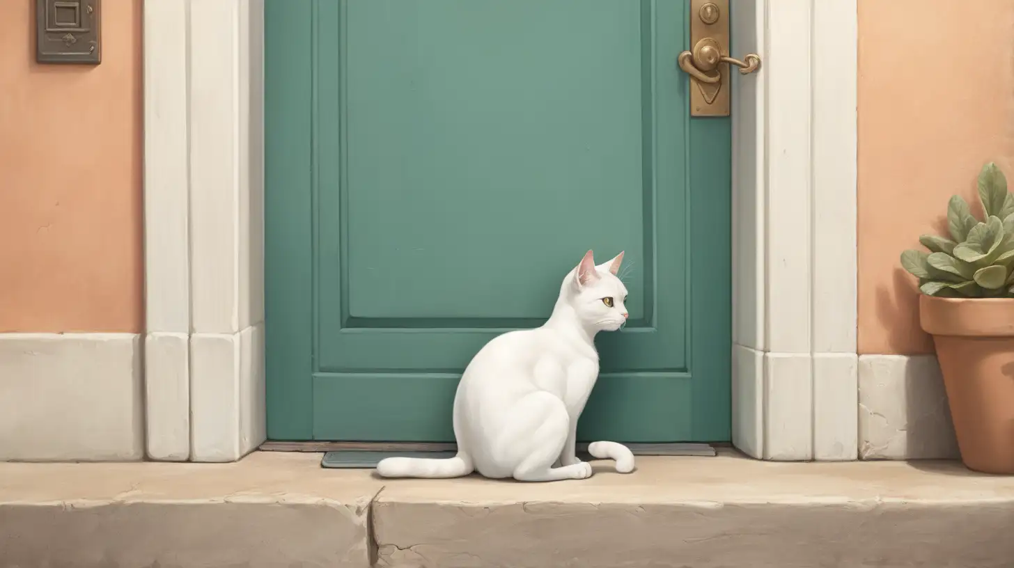 "Craft an image of a cat sitting beside a closed door, pawing at it with a hopeful yet dejected expression, conveying the theme of isolation."
