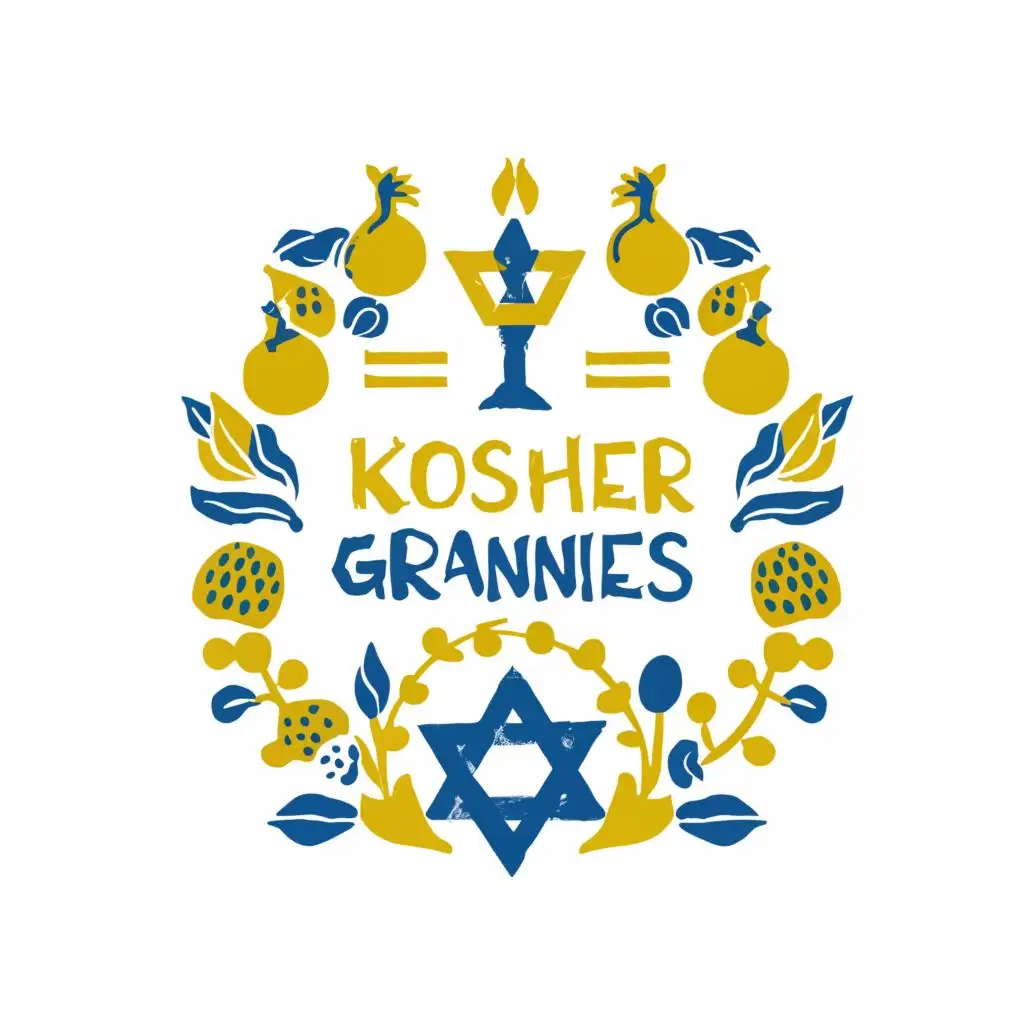 logo, Israel, Yellow, Blue, White, pomegranate, fig, Menorah, Joan Miro, Star of David,, with the text "Kosher Grannies", typography