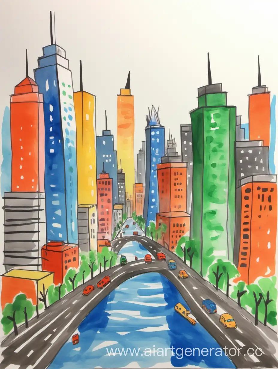 Vibrant-Urban-Landscape-in-Childs-Gouache-Drawing