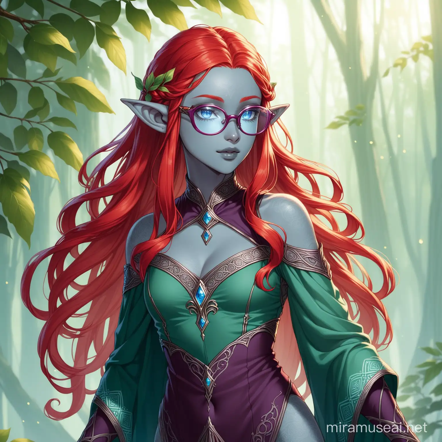 elven female with gray skin, has long curly red hair, wears blue lensed glasses, wearing plum erudite clothing