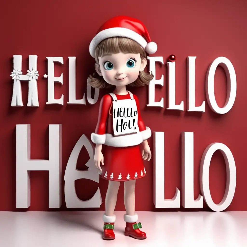 Con nombre que diga "HELLO"Agsesorios de navidad con una niña , 3d render, typography, painting, photo