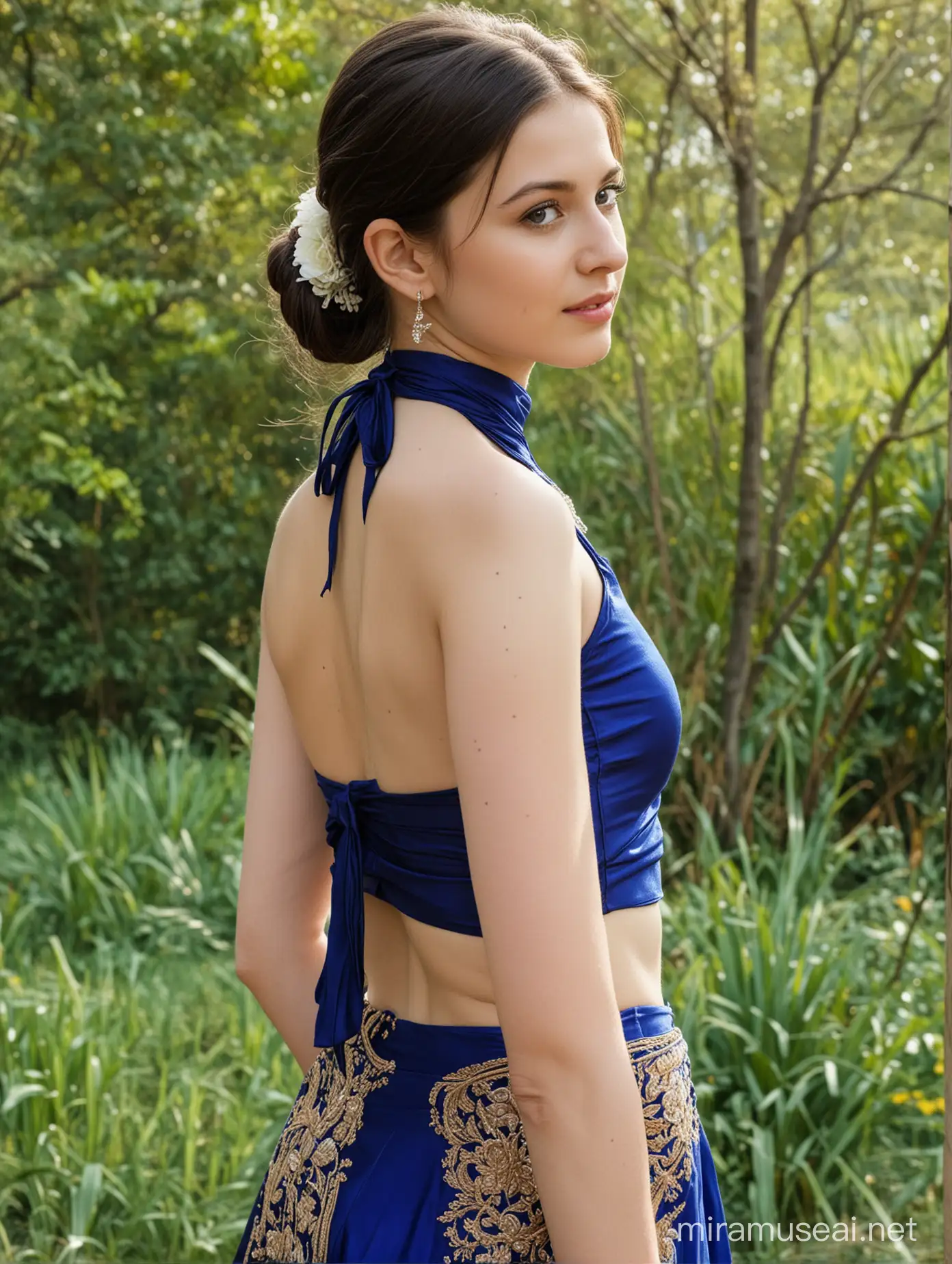 12 years old girl, very white skin, beautiful, wearing cobalt blue very thin halter neck backless blouse with tie-up with lehenga, her front view, in nature