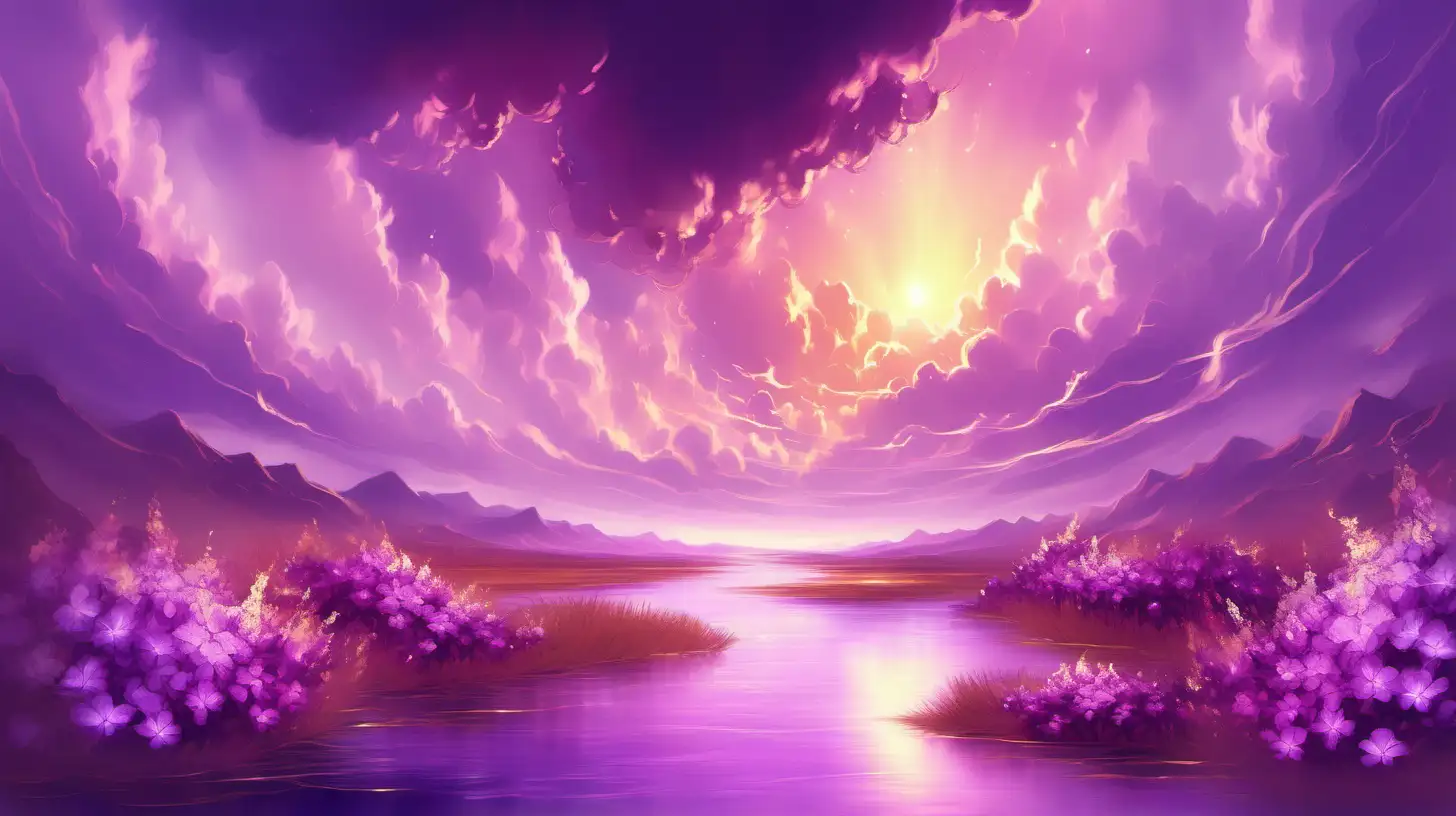 image with purple flowers and purple water colors, heavenly clouds and gold light effects, stream