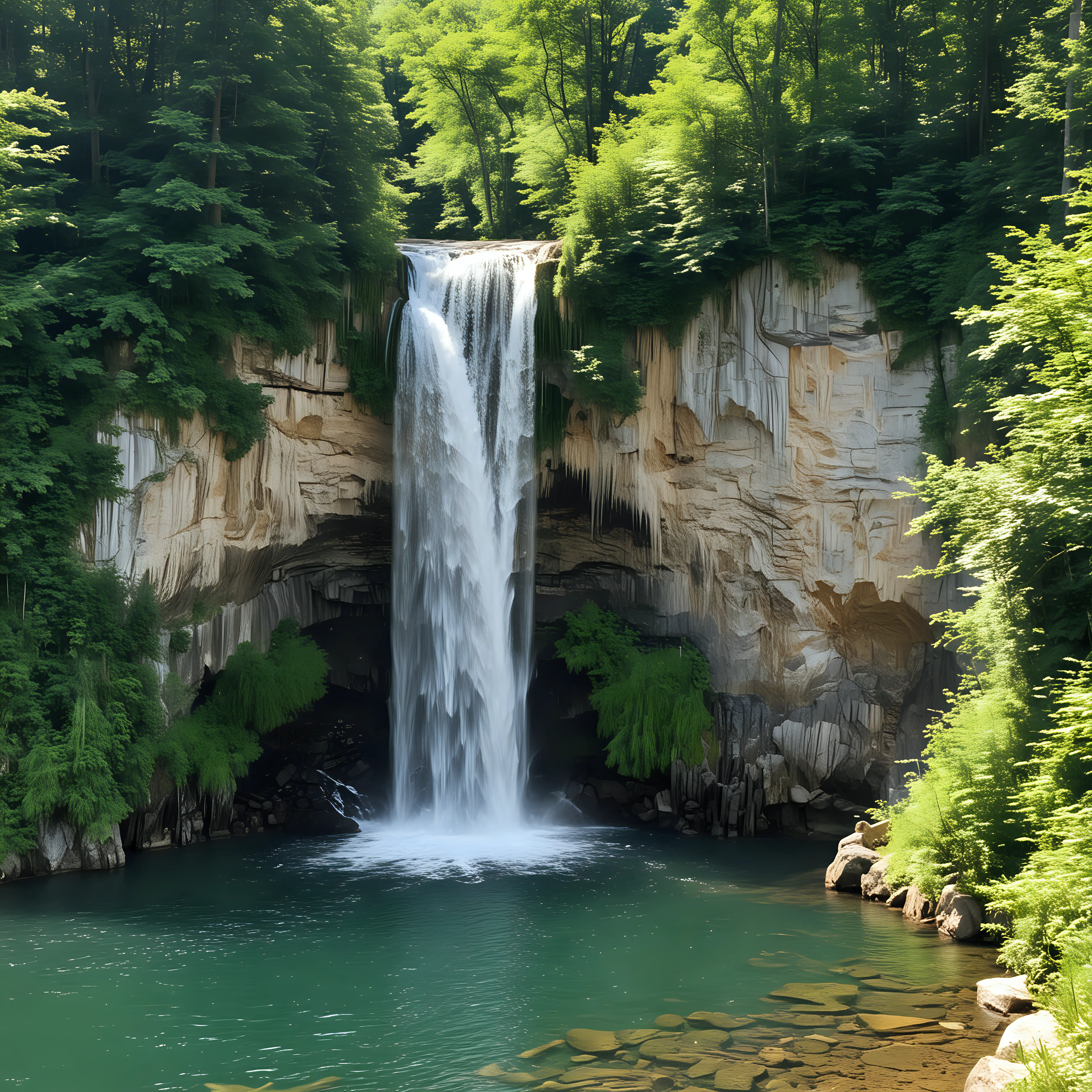 Serene Summer Landscape Majestic Waterfall Cascading into Tranquil Lake