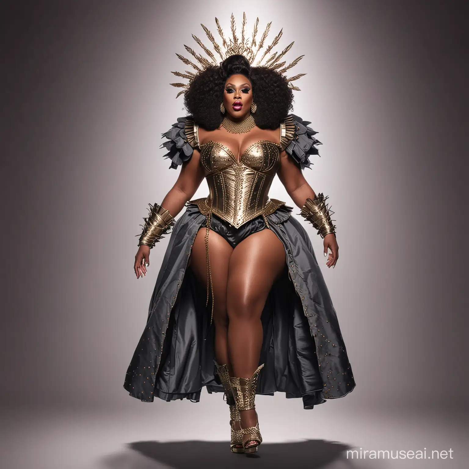 a full body image of a fat african american medieval inspired drag queen walking on the Rupaul's Drag race runway wearing an outfit inspired by the prompt: ready for war 