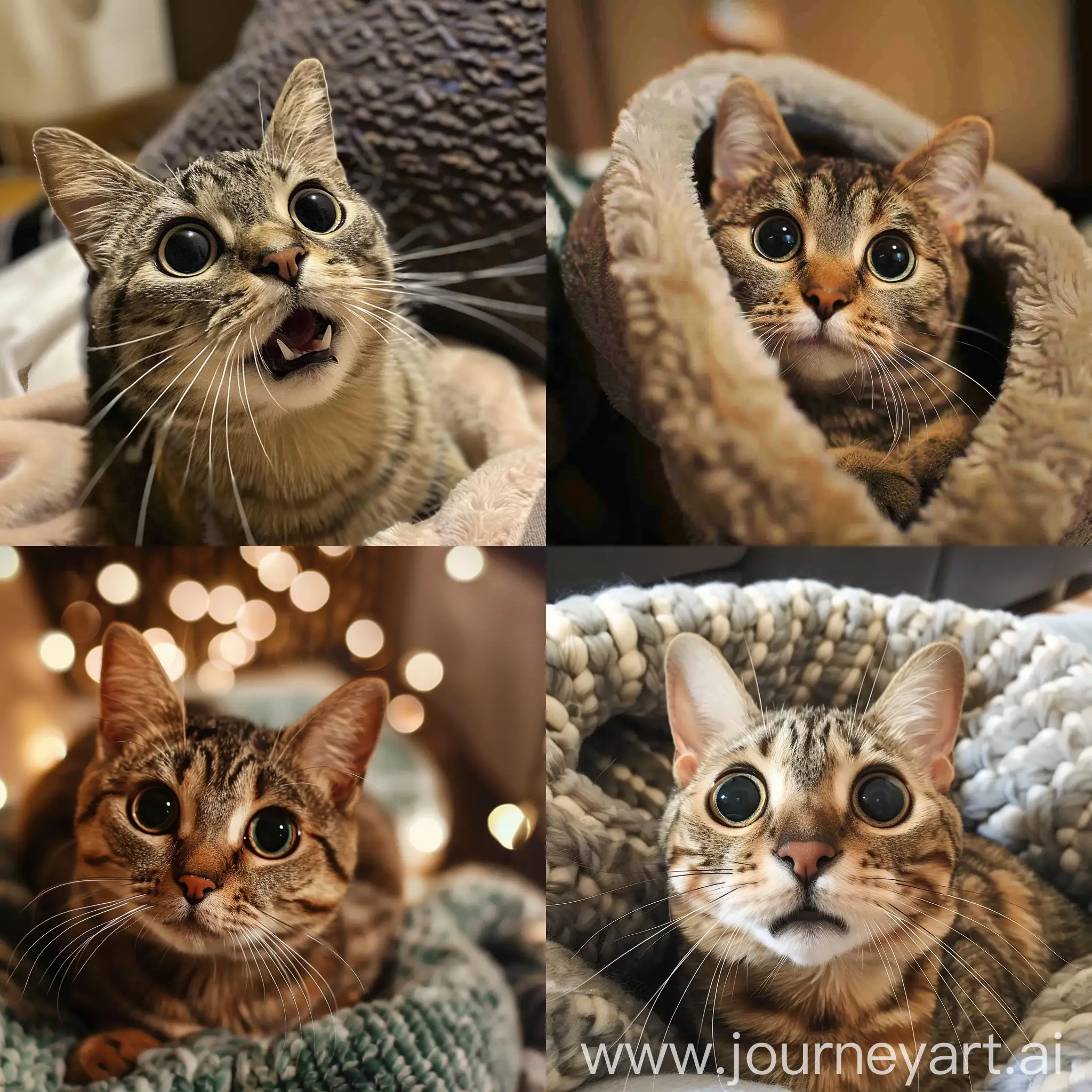 A cat with big eyes meowing in a cozy home
