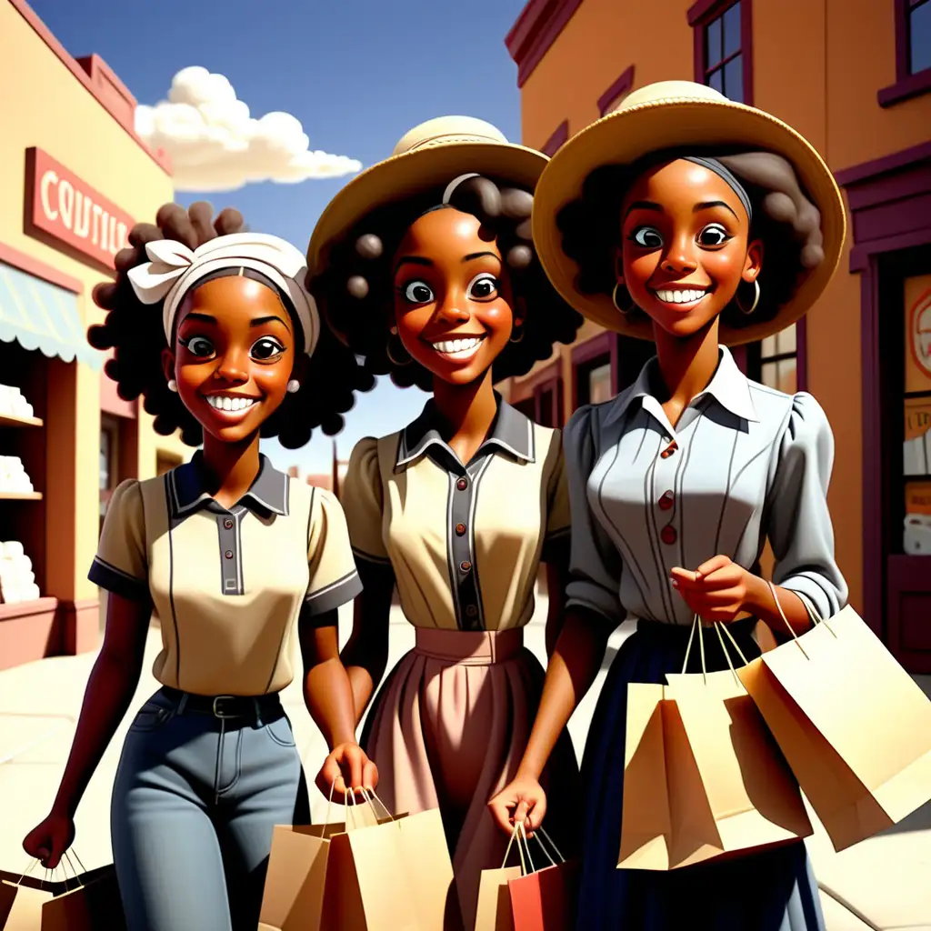 Happy African American Teens Shopping in 1900s Cartoon Style New Mexico
