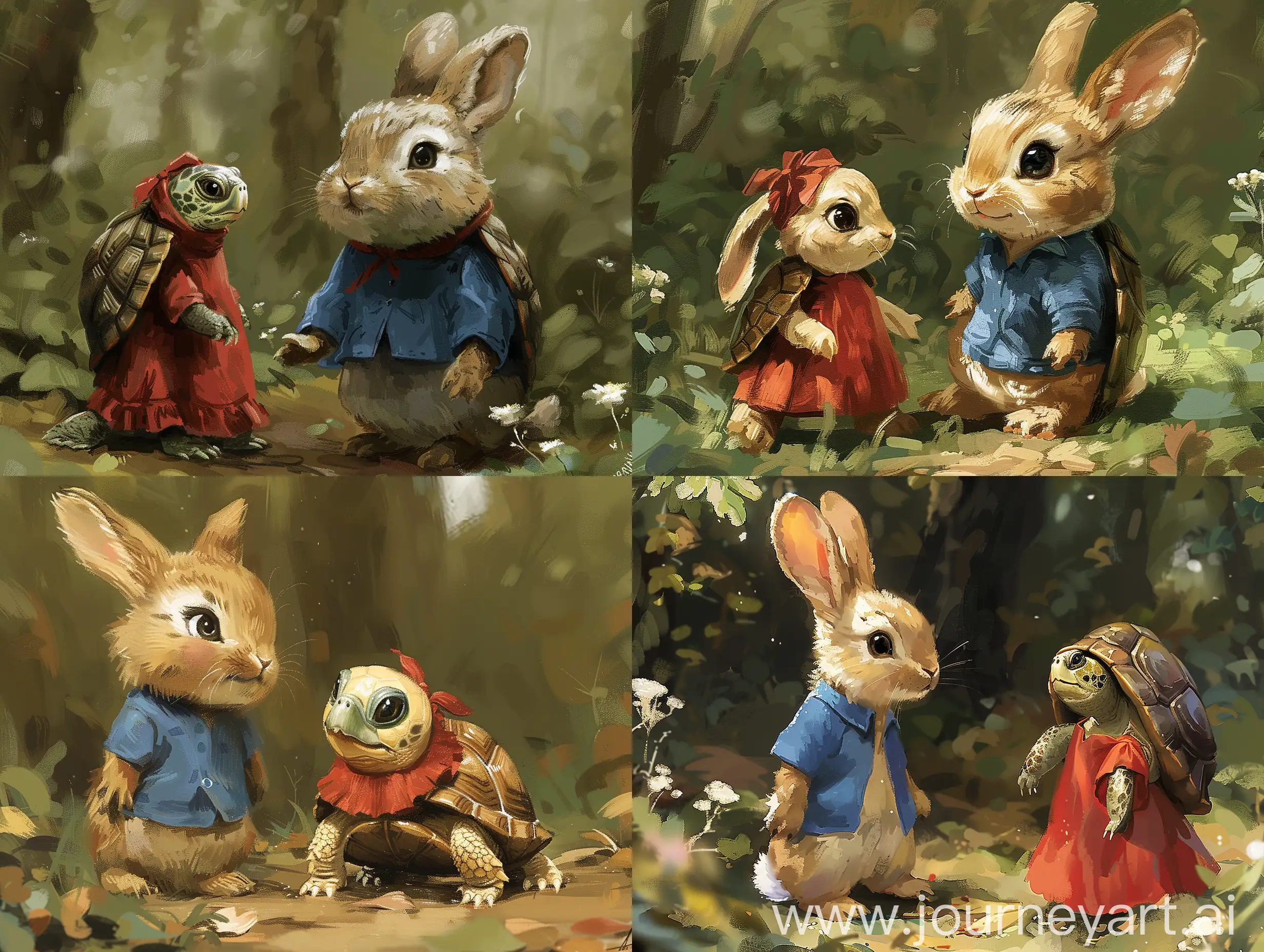 cartoon style 
A rabbit wearing a blue shirt  in the forest with a  turtle named Terra wearing a red dress --stylize 750 --v 6