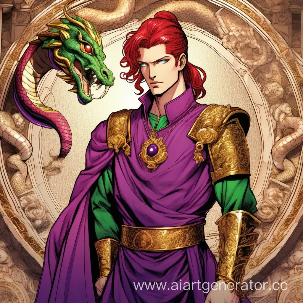 Handsome-Young-Emperor-with-Scarlet-Hair-and-Dragon-Jewelry-in-Palace-Portrait
