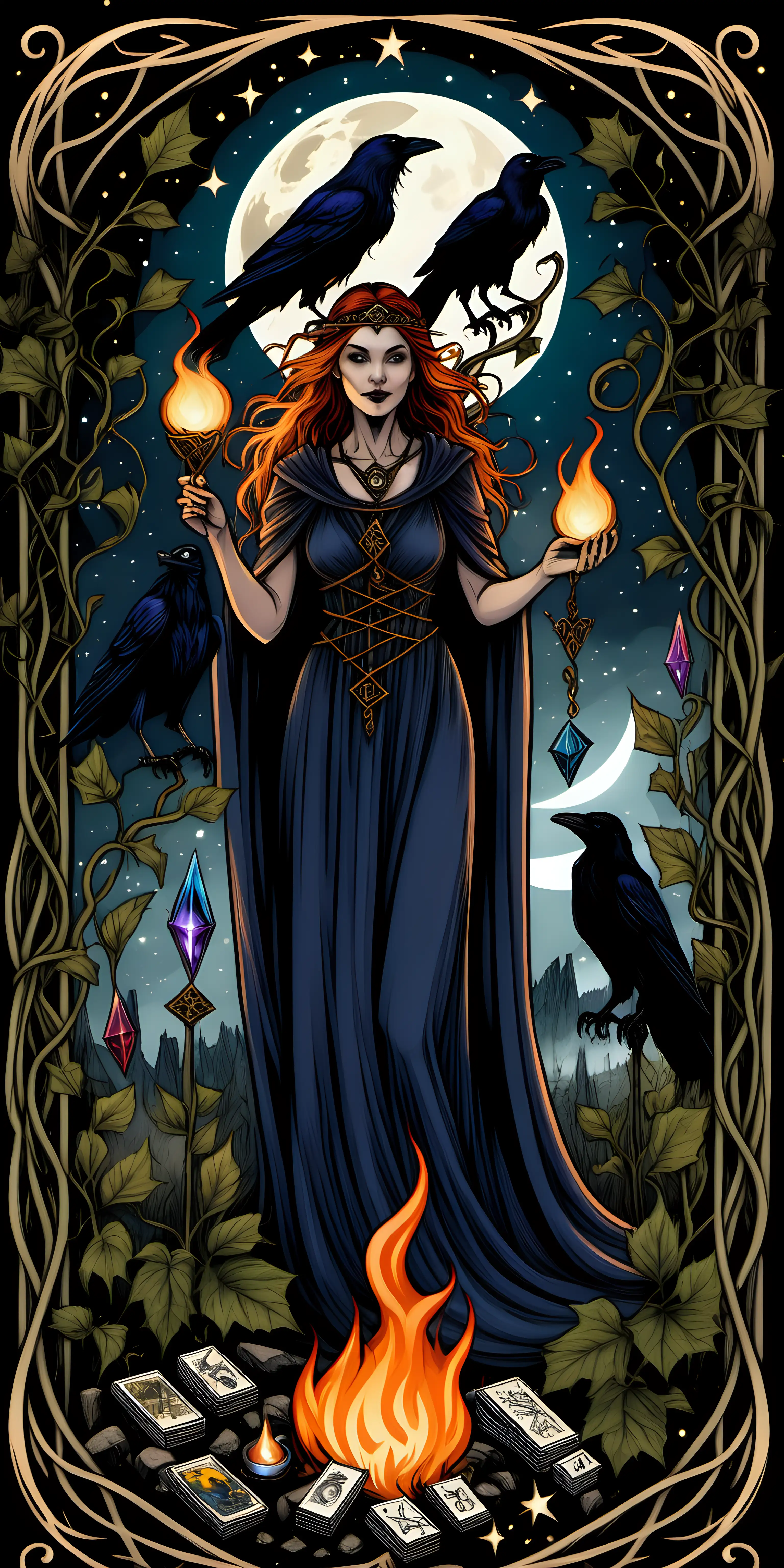 Norse Pagan Woman Performing Tarot Reading by Moonlight with Raven and Fire