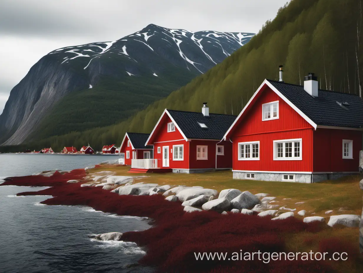 Коттедж на берегу моря, сзади горы, коттедж в скандинавском стиле красного цвета. Коттедж не должен занимать более 40% фото. 