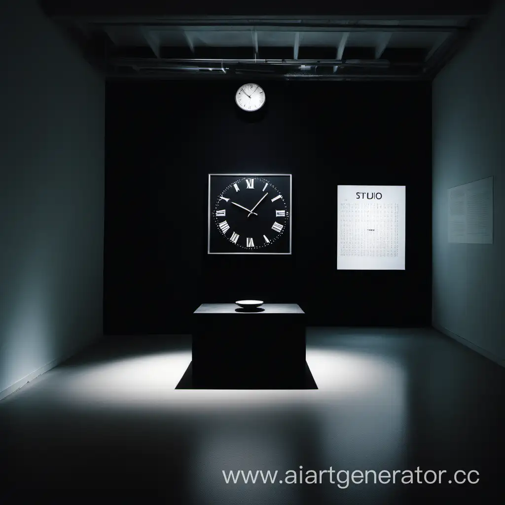 тёмная комната, посреди тёмной комнаты светит дисплей часов показывая время 3:00
а под часами стол черного цвета с надписью fufil studio