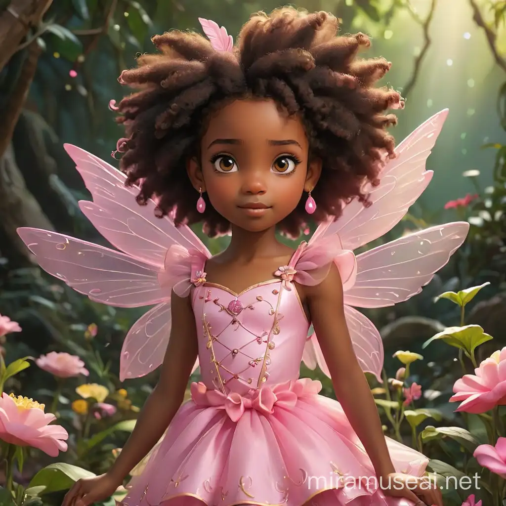 Afro girl in pink princess fairy land