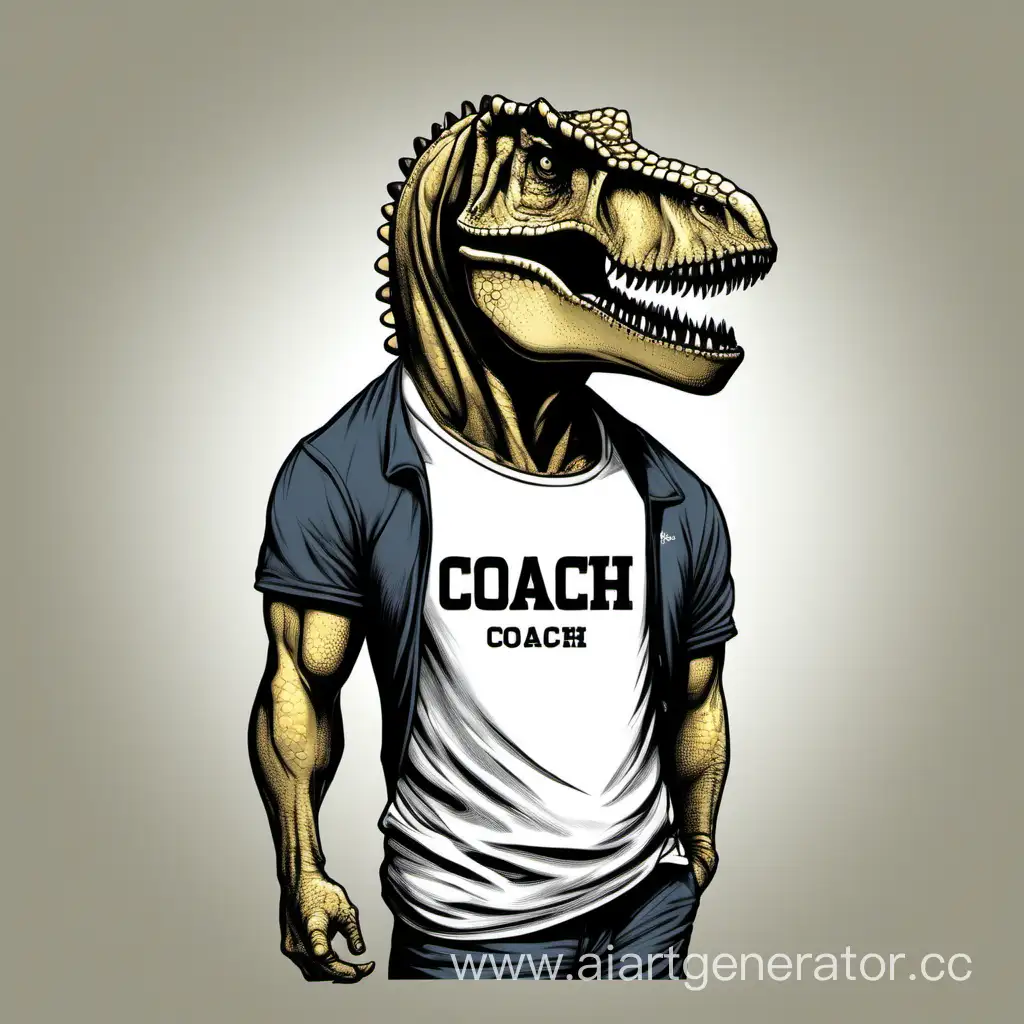 A tyrannosaurus in a T-shirt with the inscription coach