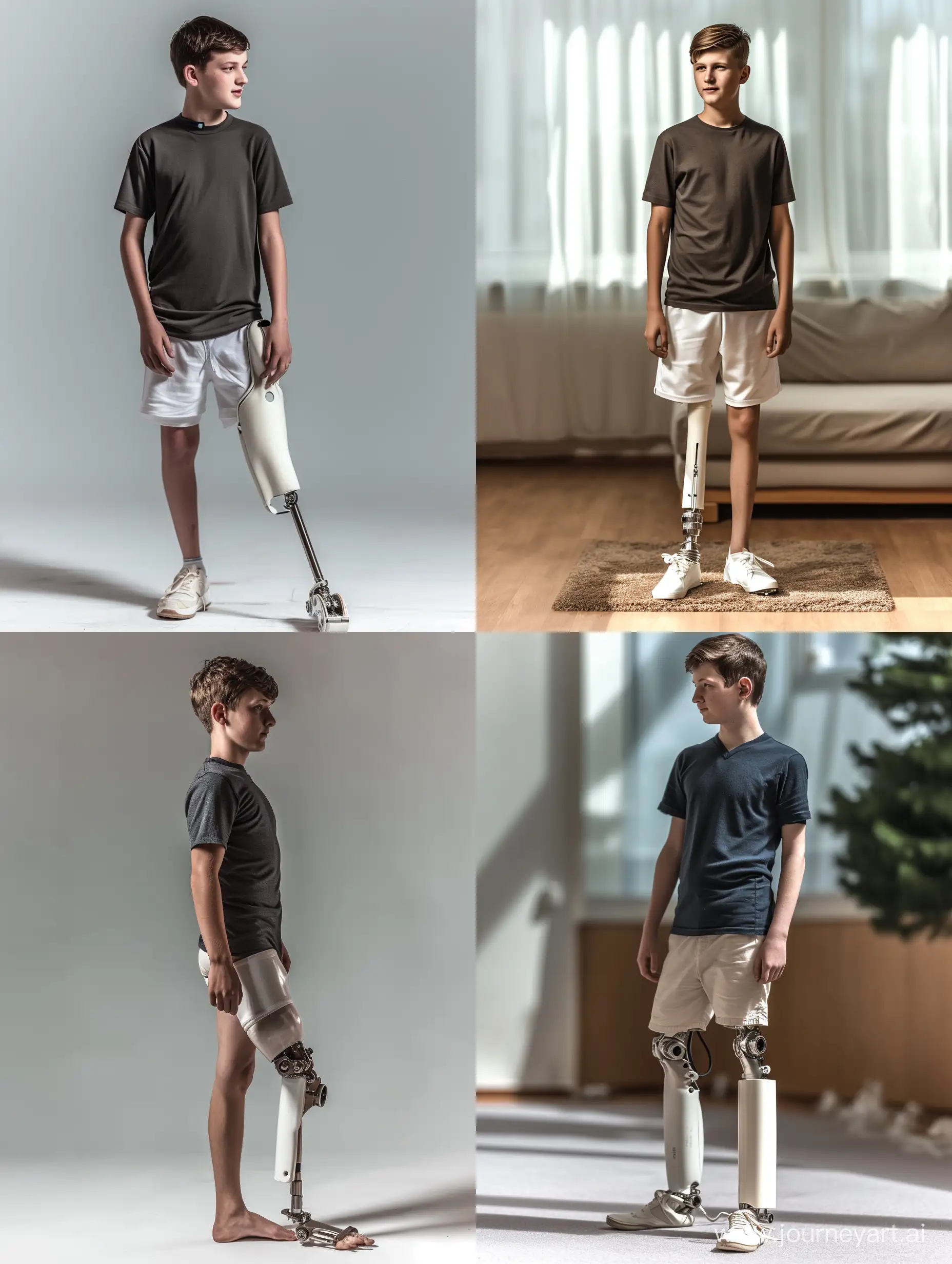 ultrarealistic and photorealistic, ultrarealistic teenager standing showing his new white transtibial prosthesis on his right leg, mechanical leg, modern style, ultrarealistic photography, high technology, digital, masterpiece, 32k UHD resolution, high quality, professional photography


