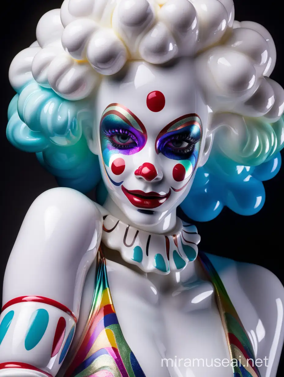 Produce a white shiny iridescent neon colored porcelain figure of a beautiful curvy feminine woman
Strong expression dynamic
Clown make-up
portrait
Black background