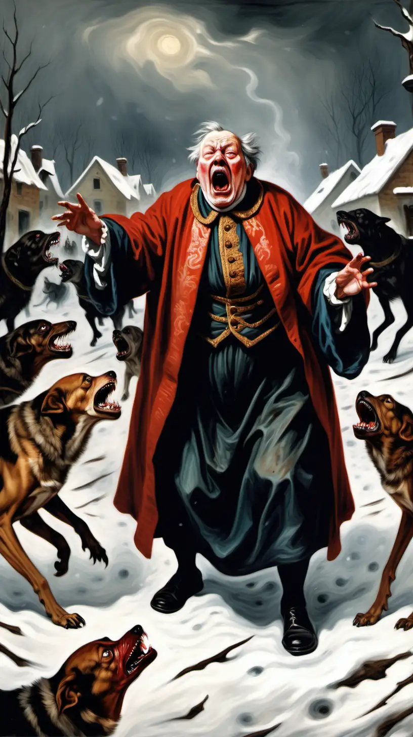 Expressionism painting of a screaming old man, he is fat and wearing royal clothes, attacked by vicious death hounds, morbid atmosphere, bleeding, 17th century, daytime, snow background 