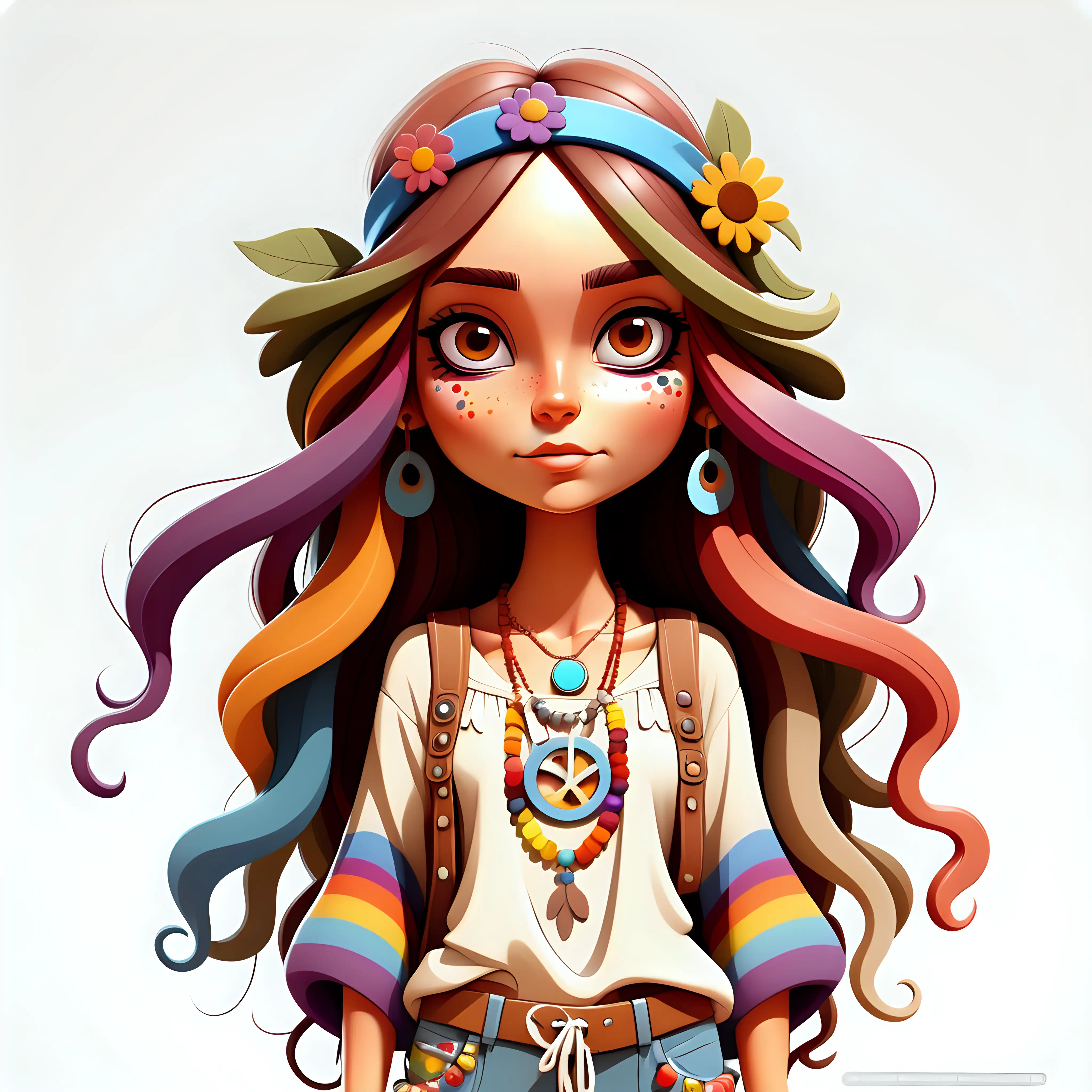 Vibrant Cartoon Illustration of a FreeSpirited Girl in Full Hippie Attire on a White Background
