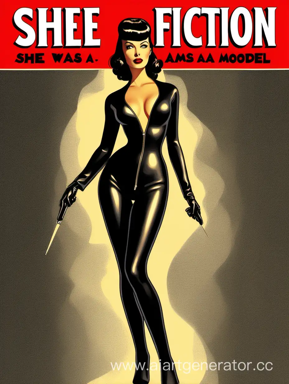 Create a book cover in the style of 1950's pulp fiction covers, of a beautiful woman in a black tight fitting catsuit, unzipped at the neck. The book title is "She Was A Nude Model". The series called SHE FICTION