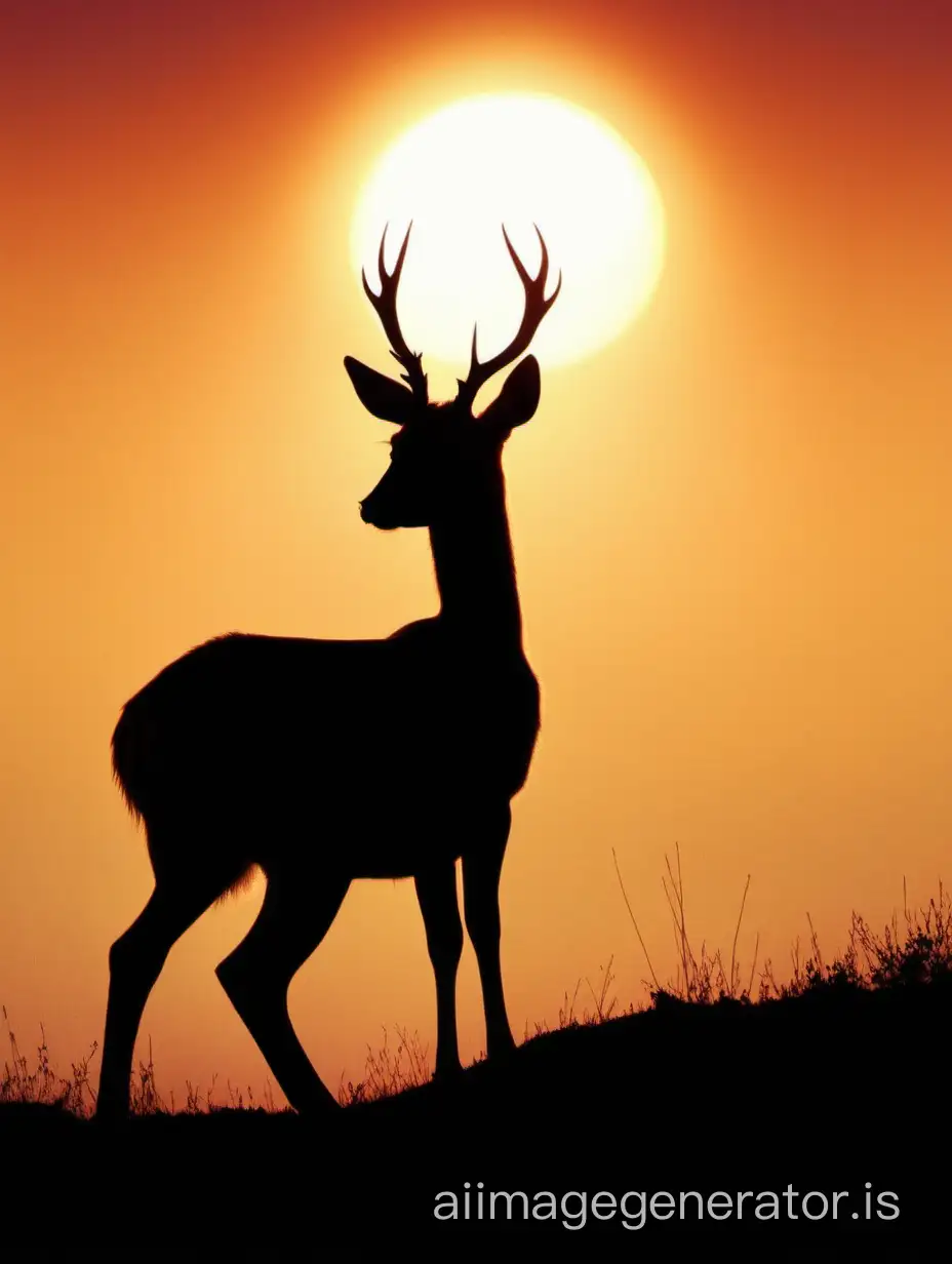 postcard , old-fashioned style,  sunset, silhouette оf hornless roe deer without, no horn,  standing on the hill against the background of the sun