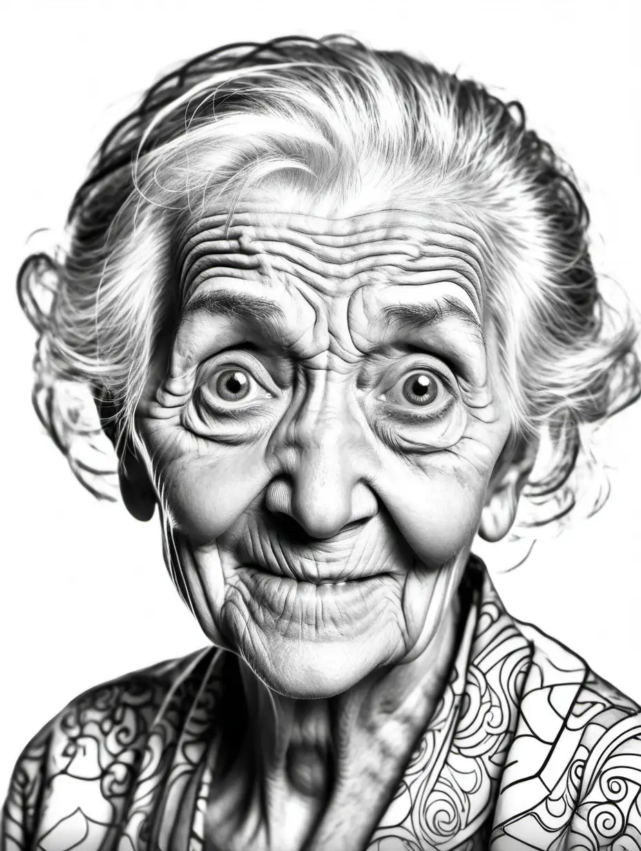 Adult coloring book page. Black and white. White background. Old woman with slight mischievous smile. Bust shot.