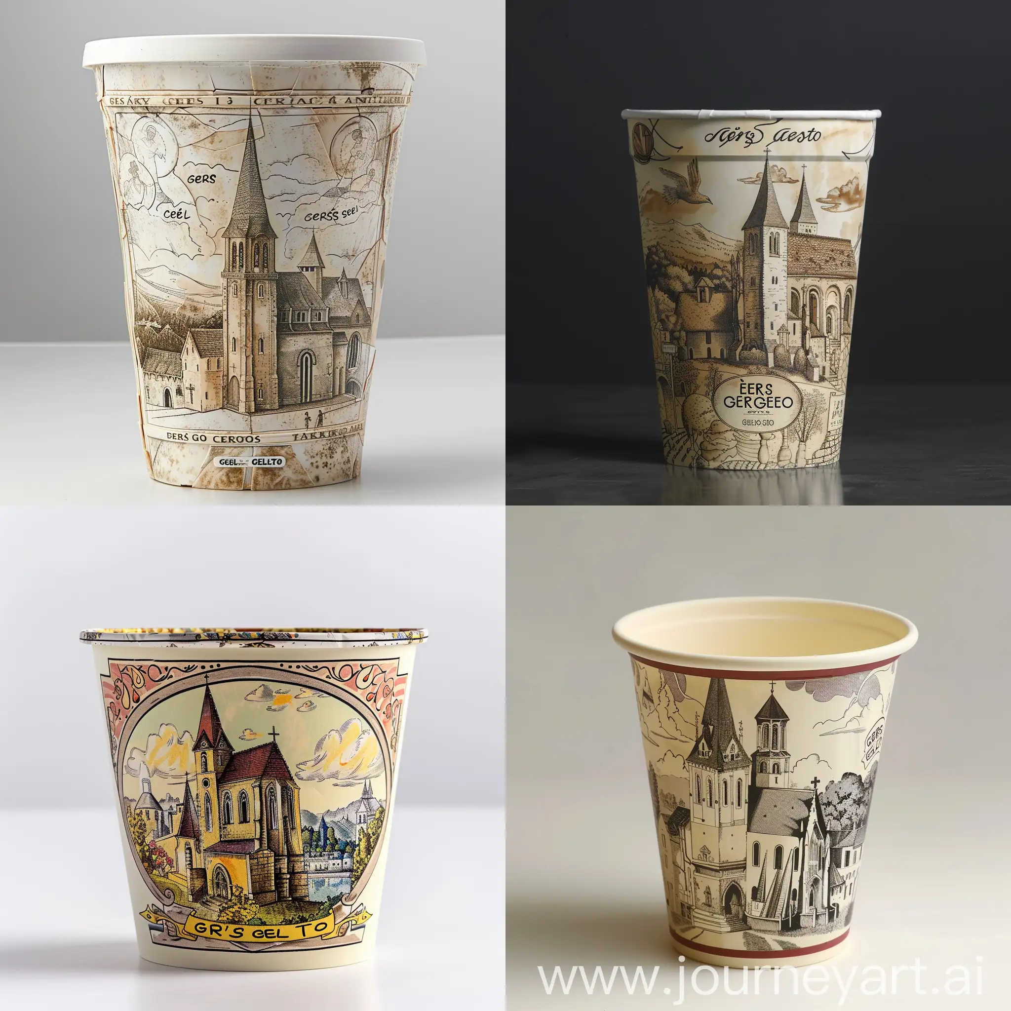 design for take-away ice cream tub, recycled materials, image of 13th century French church on tub, name of ice cream is Gers Gelato