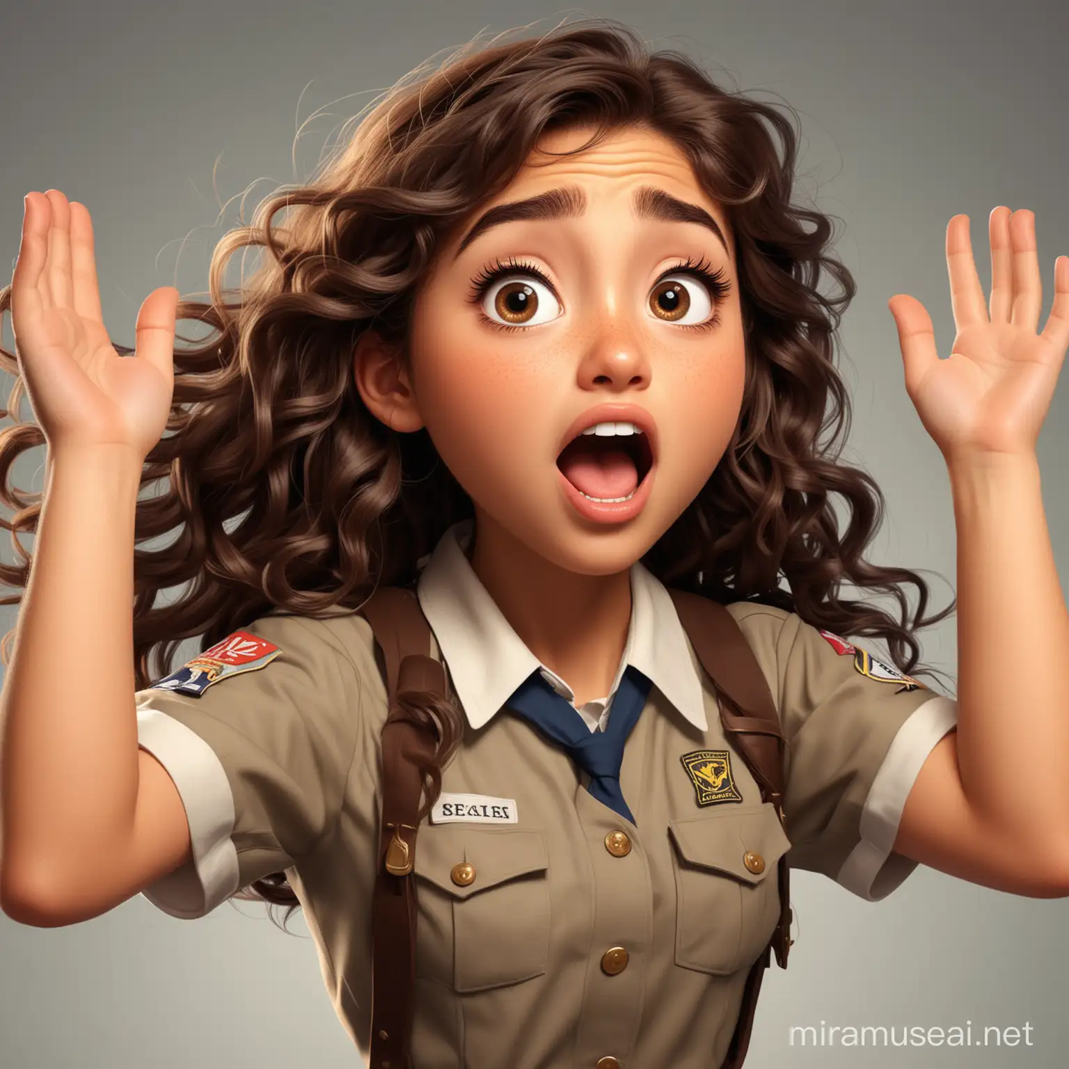 A shocked beautifull girl 17 years old , have a long curly brown hair , big dark brown eyes, round face, light skin , scout uniform, make her hands raised up as like she were screaming.  cartoon type