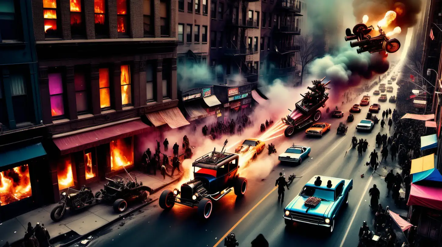 Aerial shot, Horror atmosphere, Manhattan street, in the foreground Ford T in tuning with weapons, machine gun, Mad Max style cannon and accompanied by Death, a Ghost Rider on a fiery motorcycle, A large number of New Year's Eve fireworks, all over the sky, colorful, jubilant, breathtaking, dynamic, high contrast,
