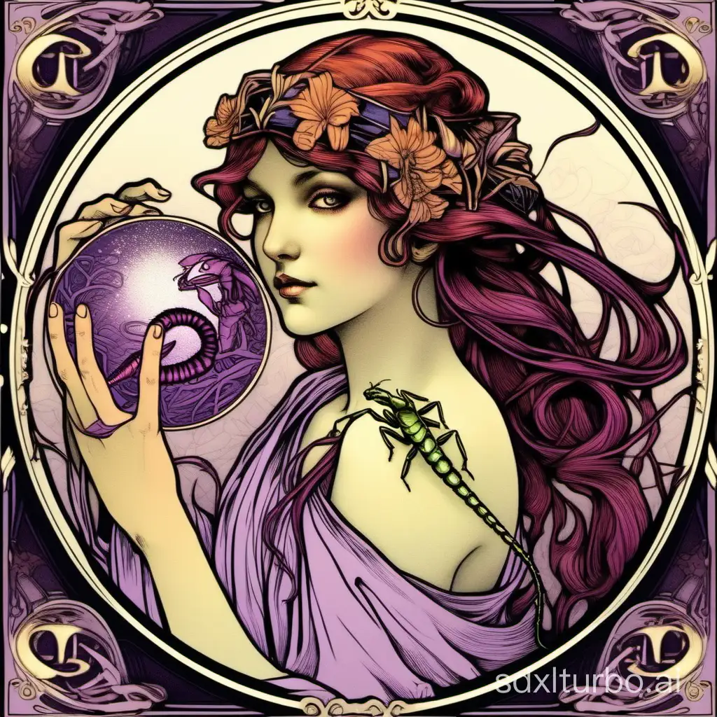 mucha’s style，pure color and black；colorful; Scorpio ；tarot card form;a beautiful girl have a scorpion in her hand; mauve