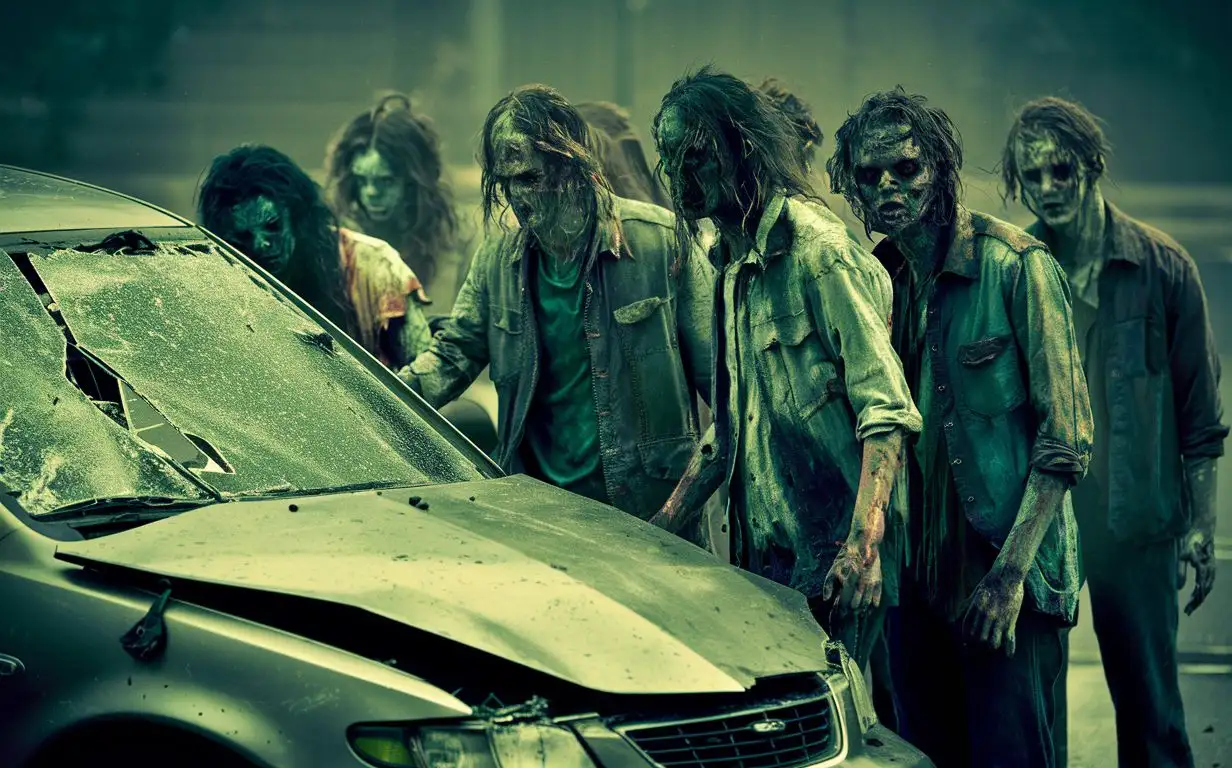 zombies standing beside a damaged car .