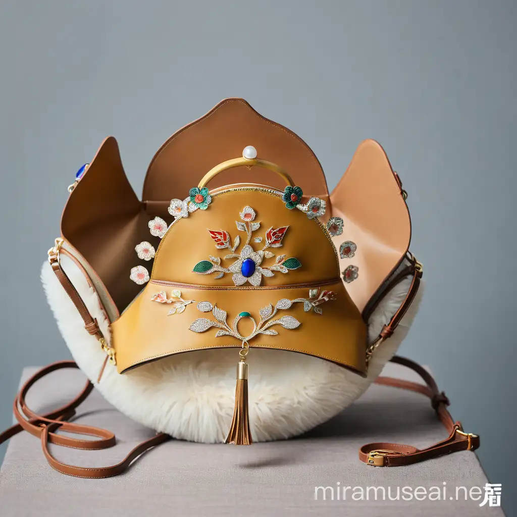由这个宋代花冠头饰外形，制作成的手拿包，手拿包上面是圆圈手提，高清杰作