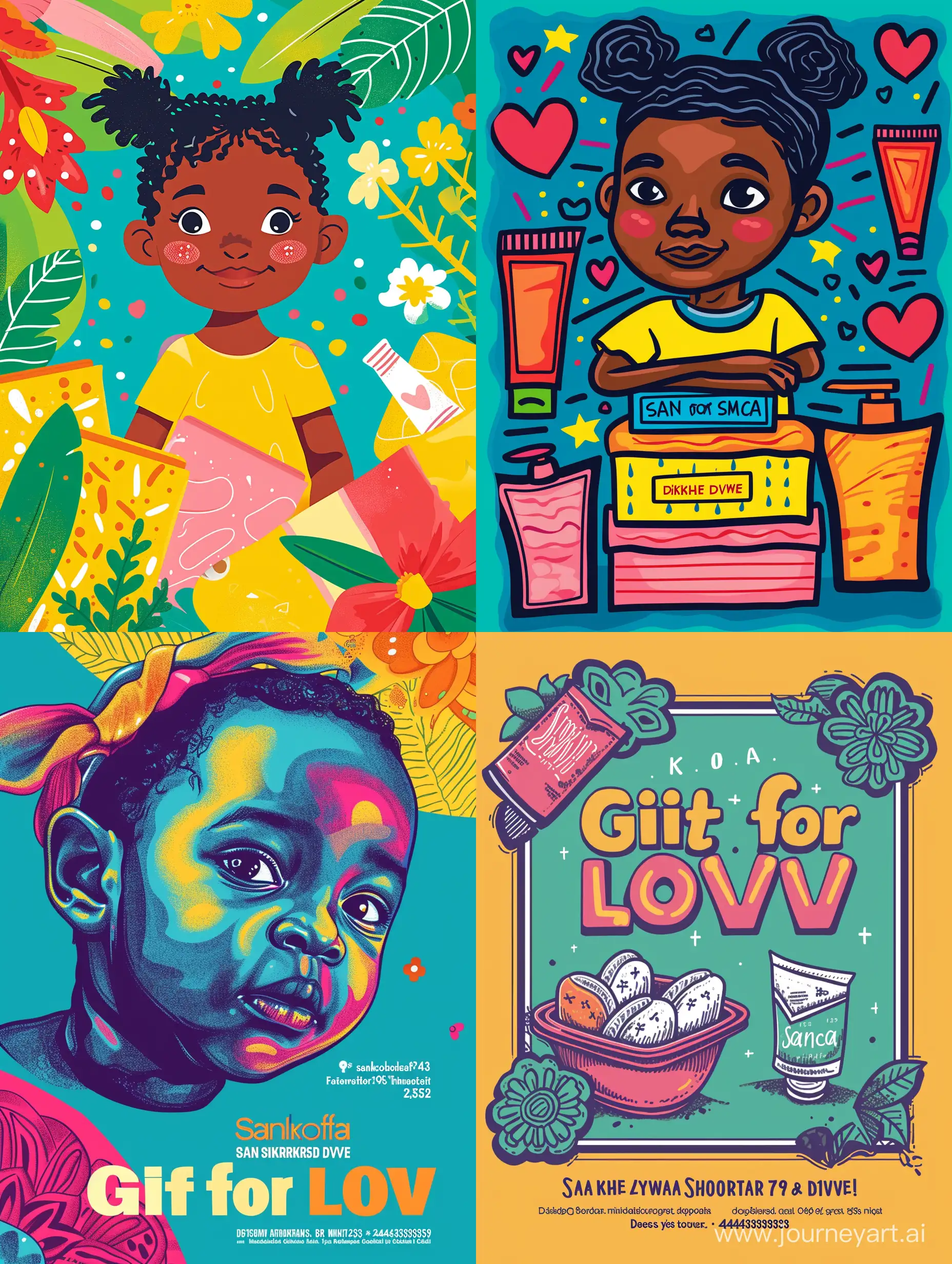 a colourful and vivid kiddies poster with the following information: **Title: Gift for Love - Toiletries Drive**  Sankofa Spheres, in collaboration with Yakhe Yande, presents a Toiletries Drive for the young ones.  **Gift the Following:** - Pads - Toothbrush/Toothpaste - Bar Soap (any) - Deodorant - Disposable Wipes - Face Cloth  **Donation Period:** 1st Feb - 25th Feb  **Drop-off Location:** 2335 Mphafa Street, Pimville *Or we can arrange pick-ups.*  **Contact:** Call 0843439359 for more information.