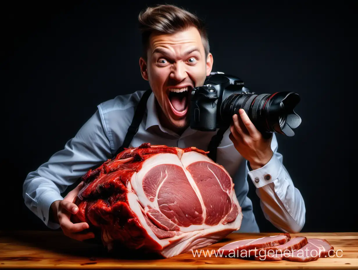 фотограф с фотоаппаратом радуется огромному куску мяса