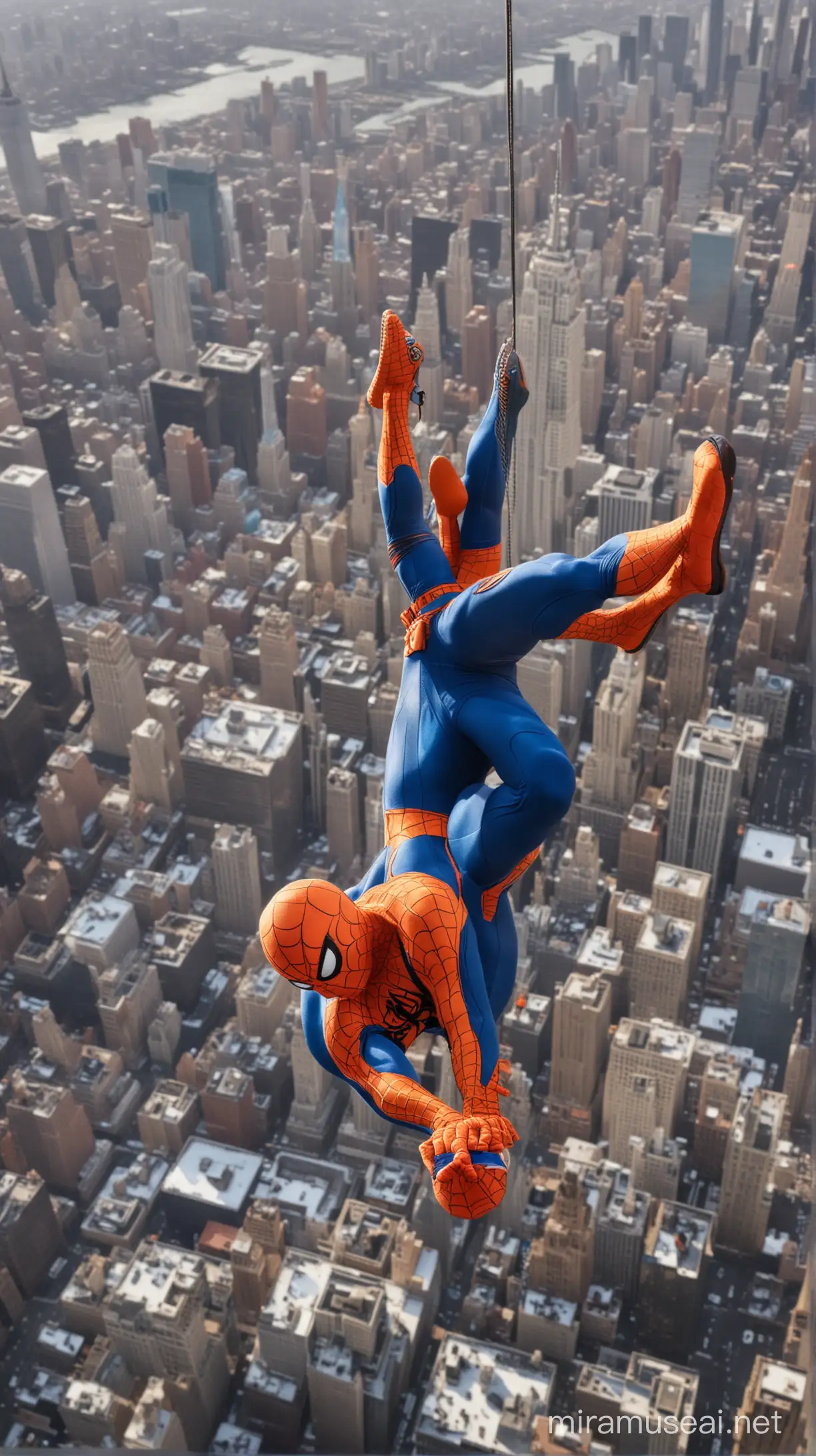 Spider-Man in an orange and blue costume. He is wearing a New York Mets cap. He is swinging off the Empire State Building. 