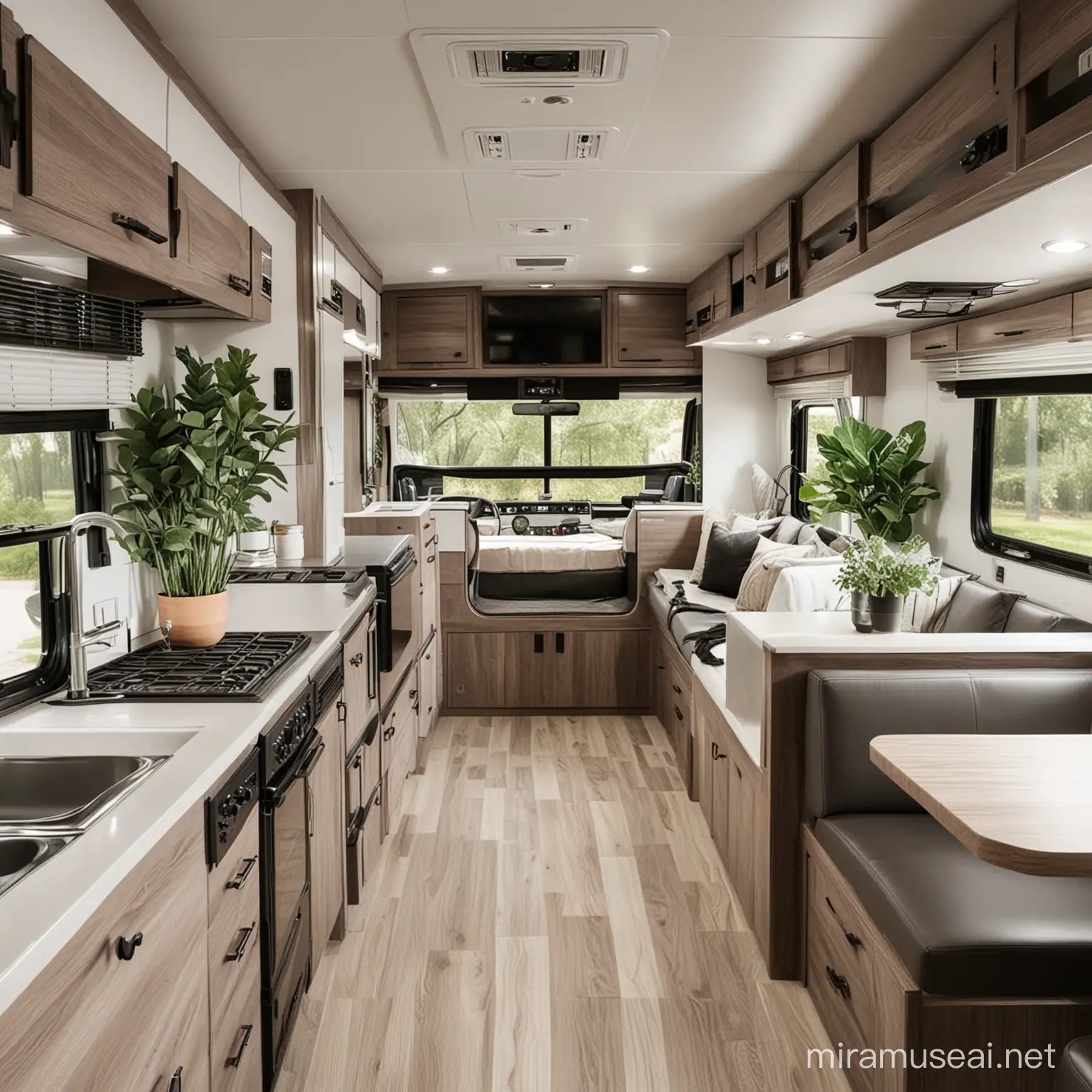 Modern RV Interior with Beautiful Cabinets and Foliage Accents