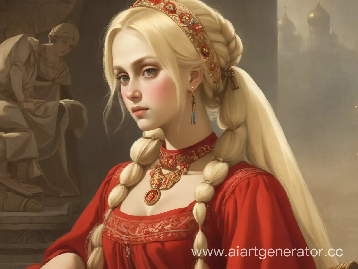 древнерусская феминистка блондинка в красном