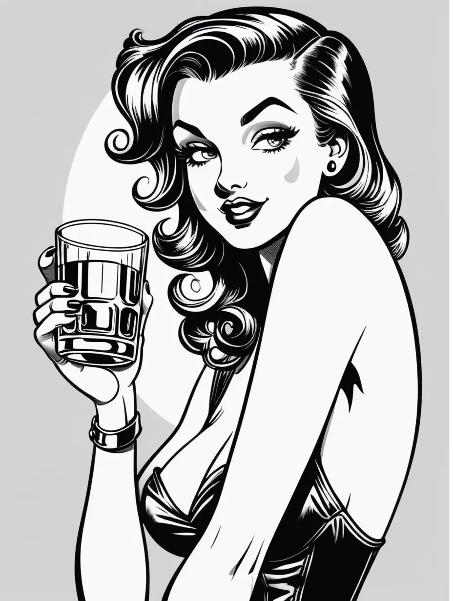 cartoon illustrated style cute pinup girl with a glass of whiskey black and white with white background