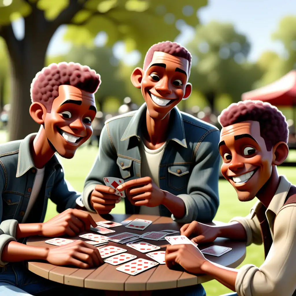 1900s cartoon style African American men with short hair playing cards at a table wearing jeans in the park smiling 