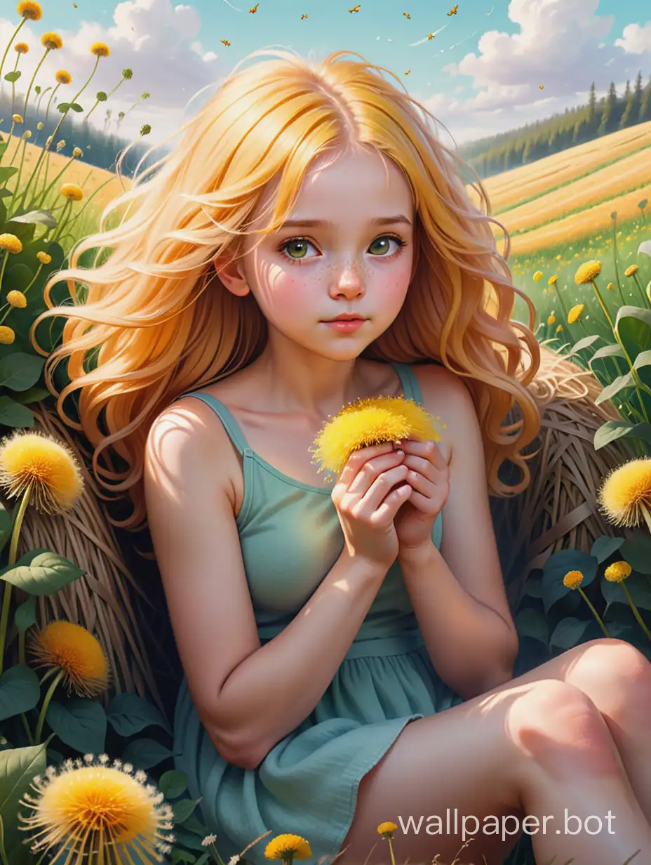 the story is drawn in pencils with fine ink detailing. style of Irina Zenyuk. a cute girl with yellow fluffy hair like a dandelion sits on a haystack, surrounded by beautiful flowering herbs and bushes. atmospheric realistic full frame high resolution delicate pastel colors. trees of bizarre shapes and sizes. illustration hyper-detailed effectively