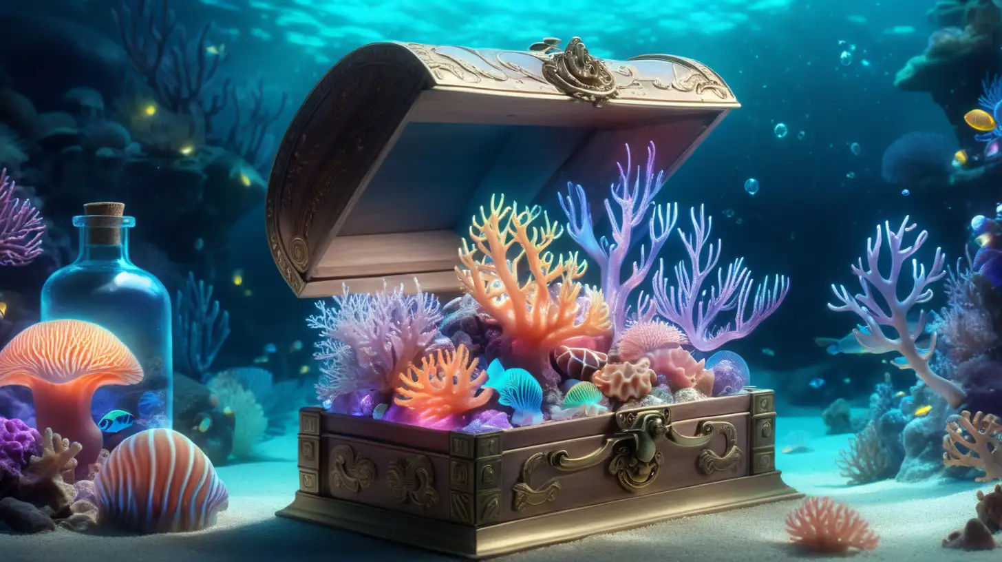magical underwater, small treasure box of glowing mollusks, fairytale, magical, glowing corals and inside bottles are iridescent coral, 8K.