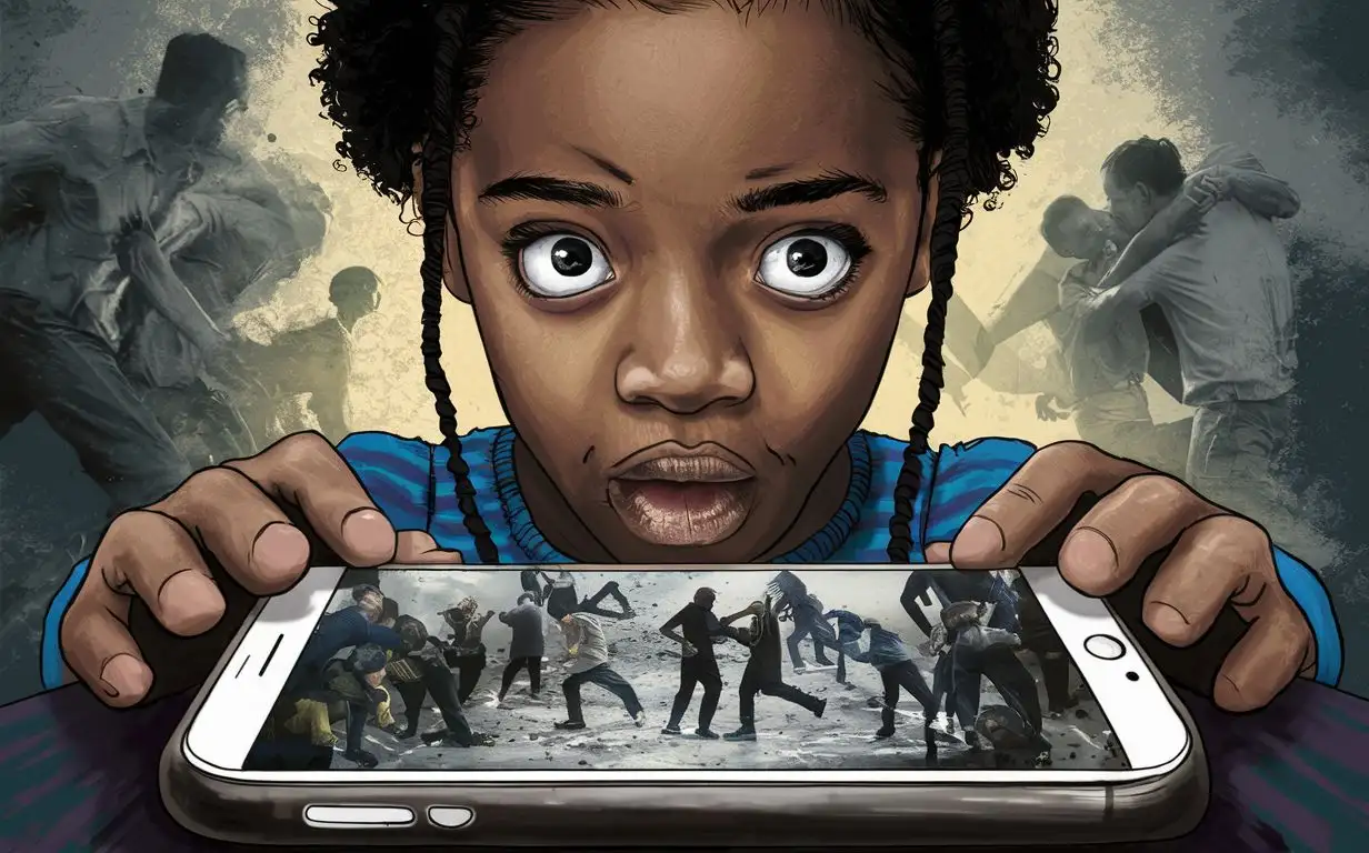 Imagine/ A young black girl looking down at her phone, in the background show violent and people fighting.