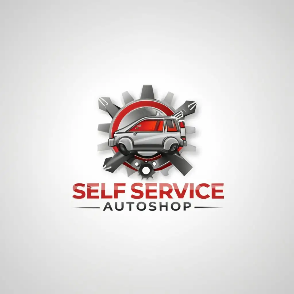 a logo design,with the text "Self Service AutoShop", main symbol:tools for related auto shop like lift car and with technician man the text is color red the tagline is "DIY AUTO CARE" and oblong shape logo and please make usre the spelling is correct white background only and the text is 3d vertically,Moderate,be used in Automotive industry,clear background