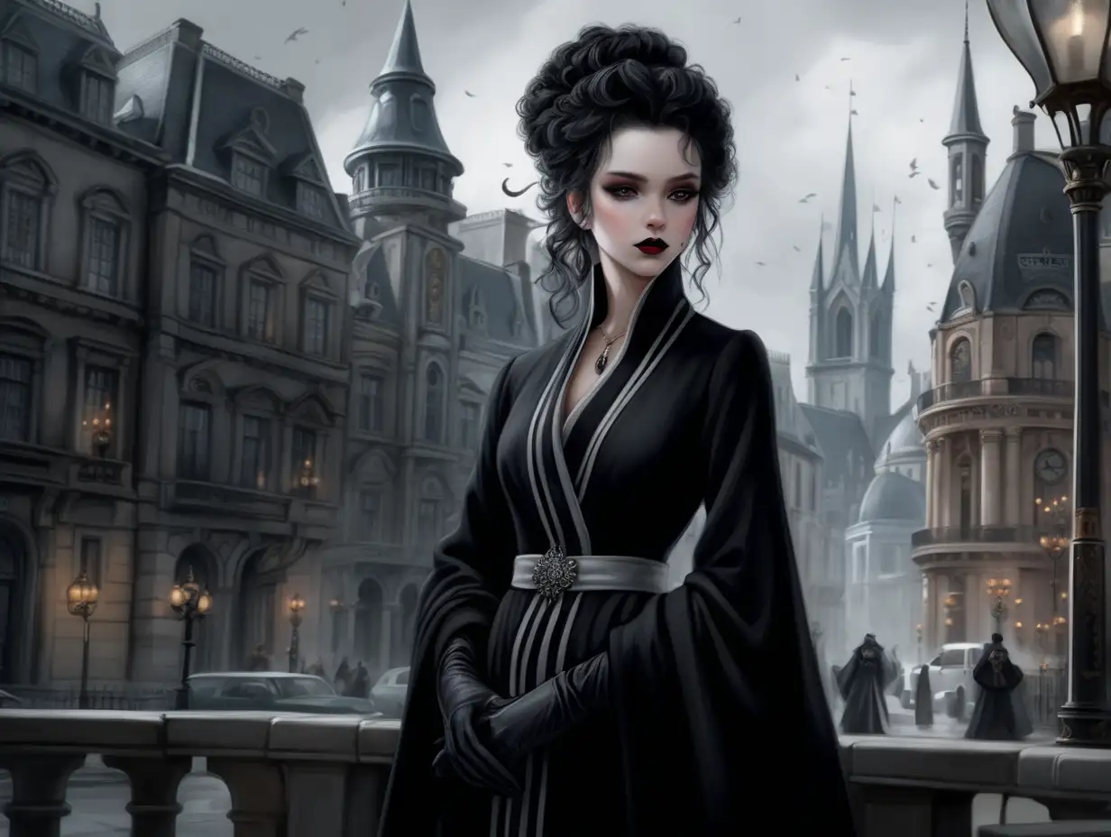 Dreaming city, beautiful, royal attire black curly hair, pale skin, grey eyes, dreaming city, black robes, black gloves, female, black make up, black mascara and lipstick, angered look on her face, robes, Standing in the city, perfect posture, victorian, looking away from camera, hair tied up in a messy bun, proper and unamused look on her face, full body shot, royal look, hands clasped behind her back, show full body