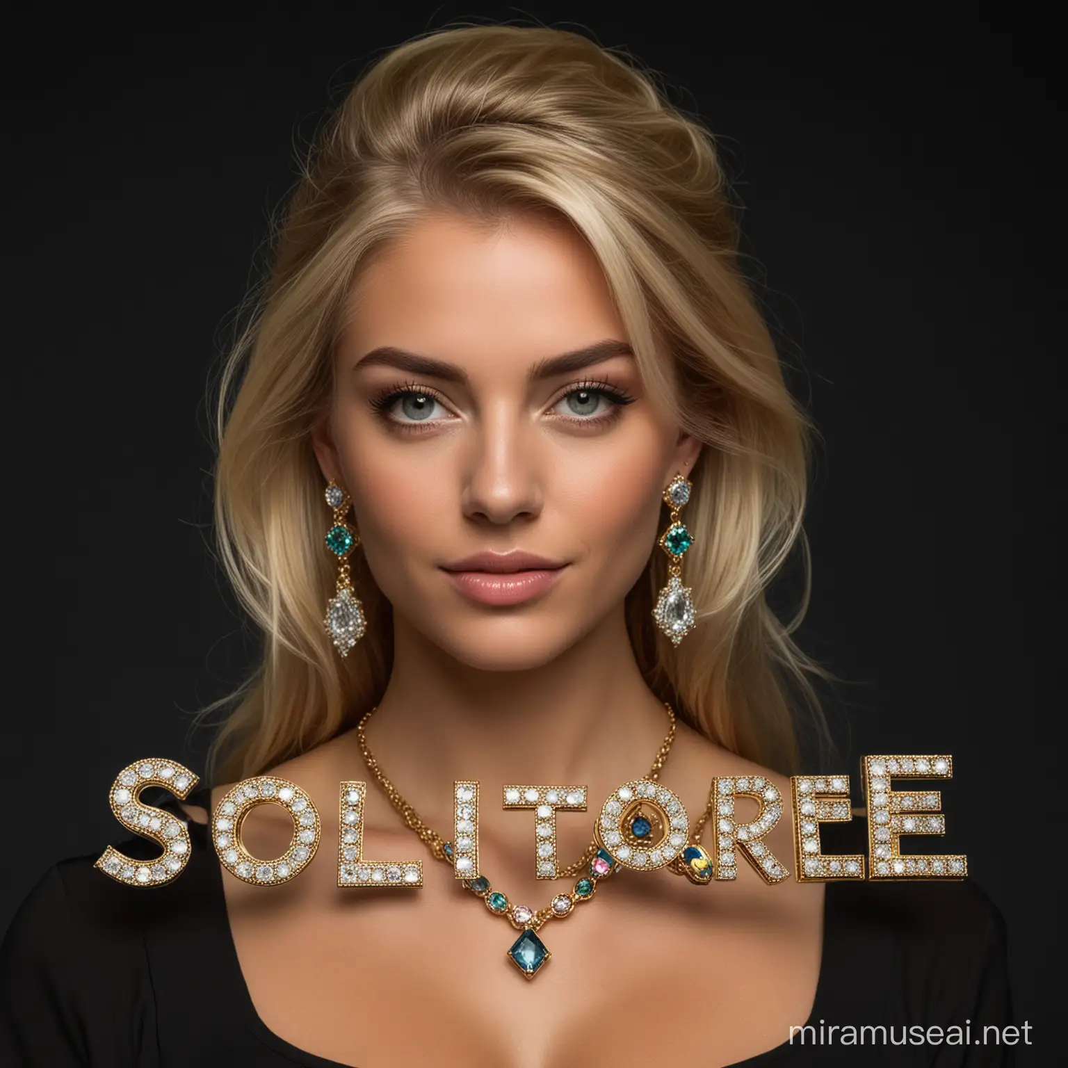 A logo containing the word 'Solitaire' carried by a blonde woman wearing jewelry studded with precious stones. The entire logo is light and bright on a black background. 