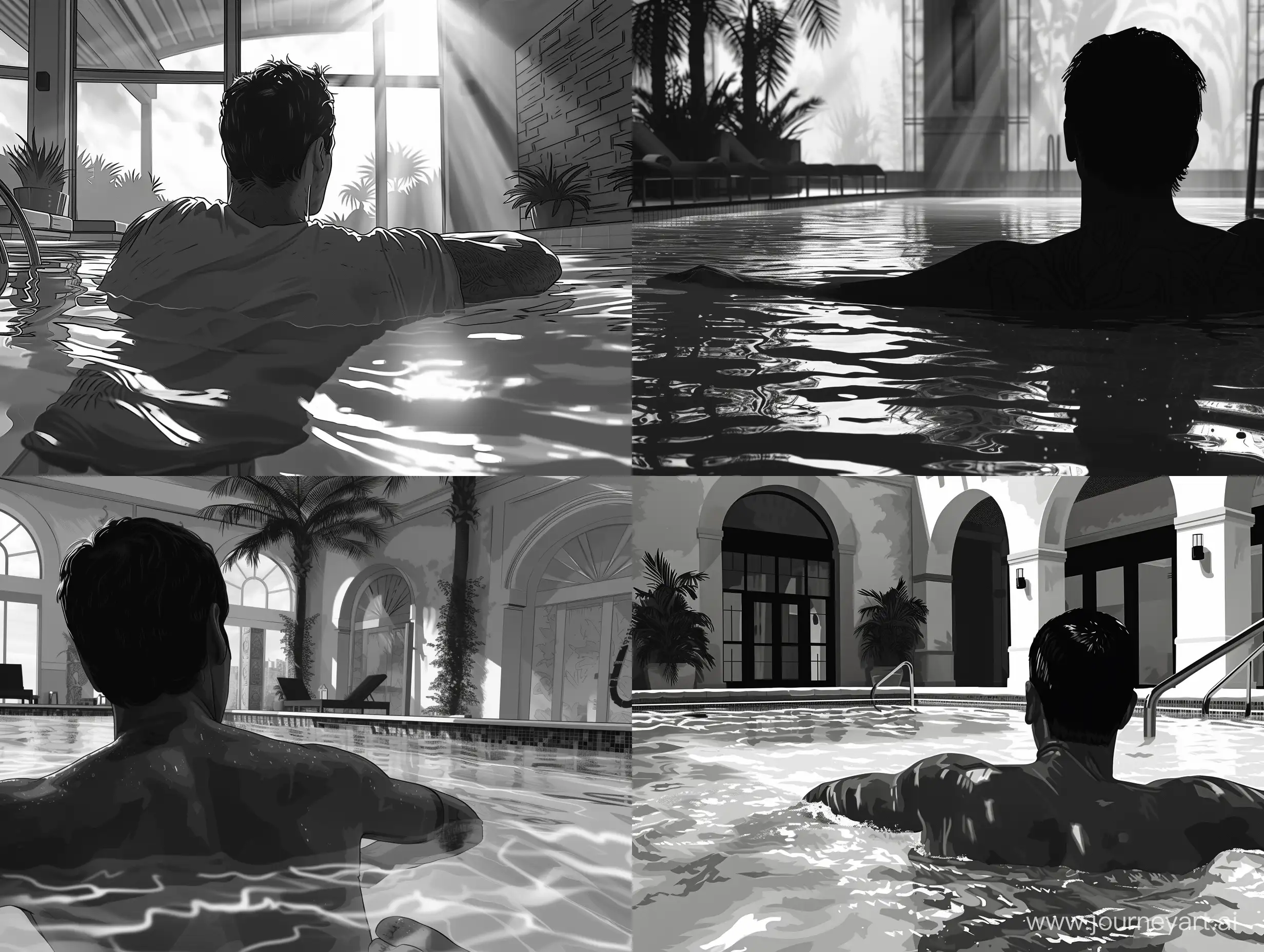 man relaxing inside the pool of a hotel, interior, closeup from behind. grand theft auto artstyle, loading screen, celshading, highly detailed, black and white.