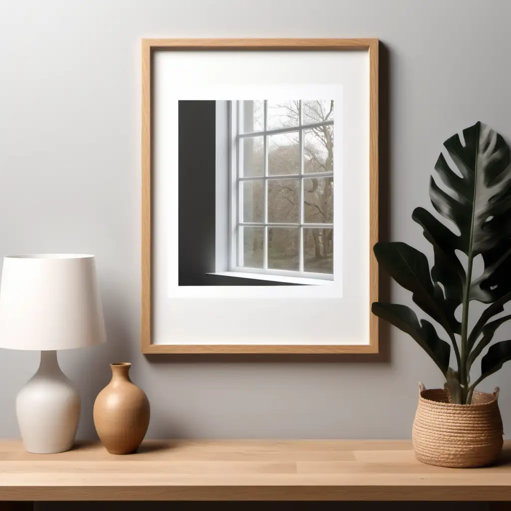 take zoom close up hd oak iso a4 frame mockup with light reflection from window  shot the frame a home interior with a poster mockup, seamlessly combining Scandinavian Bohemian style with modern warmth