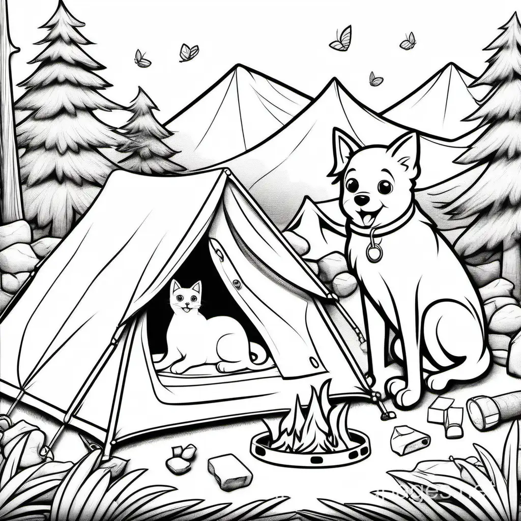 camping scene, cat and dog, cute


, Coloring Page, black and white, line art, white background, Simplicity, Ample White Space. The background of the coloring page is plain white to make it easy for young children to color within the lines. The outlines of all the subjects are easy to distinguish, making it simple for kids to color without too much difficulty